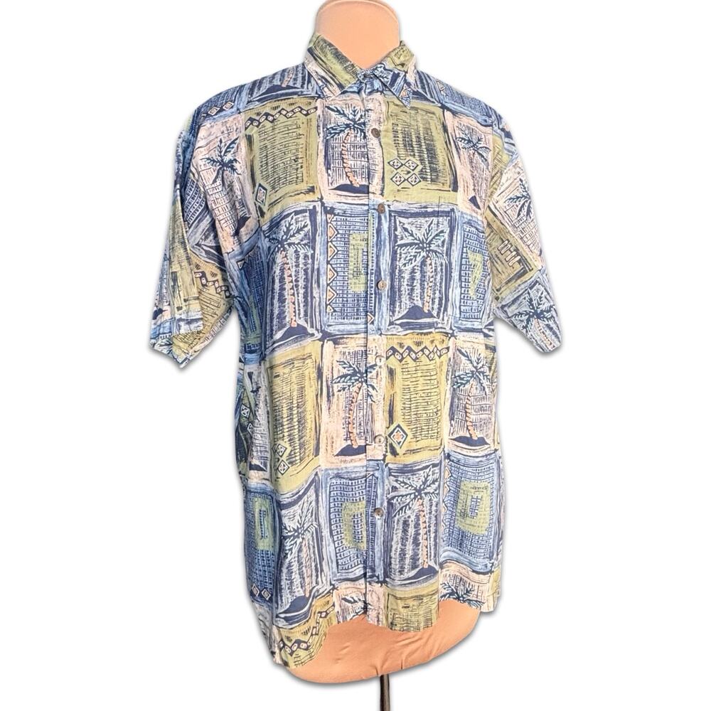 Vintage 90s Tori Richard Honolulu Palm Print Shirt Blue Green Large Cotton